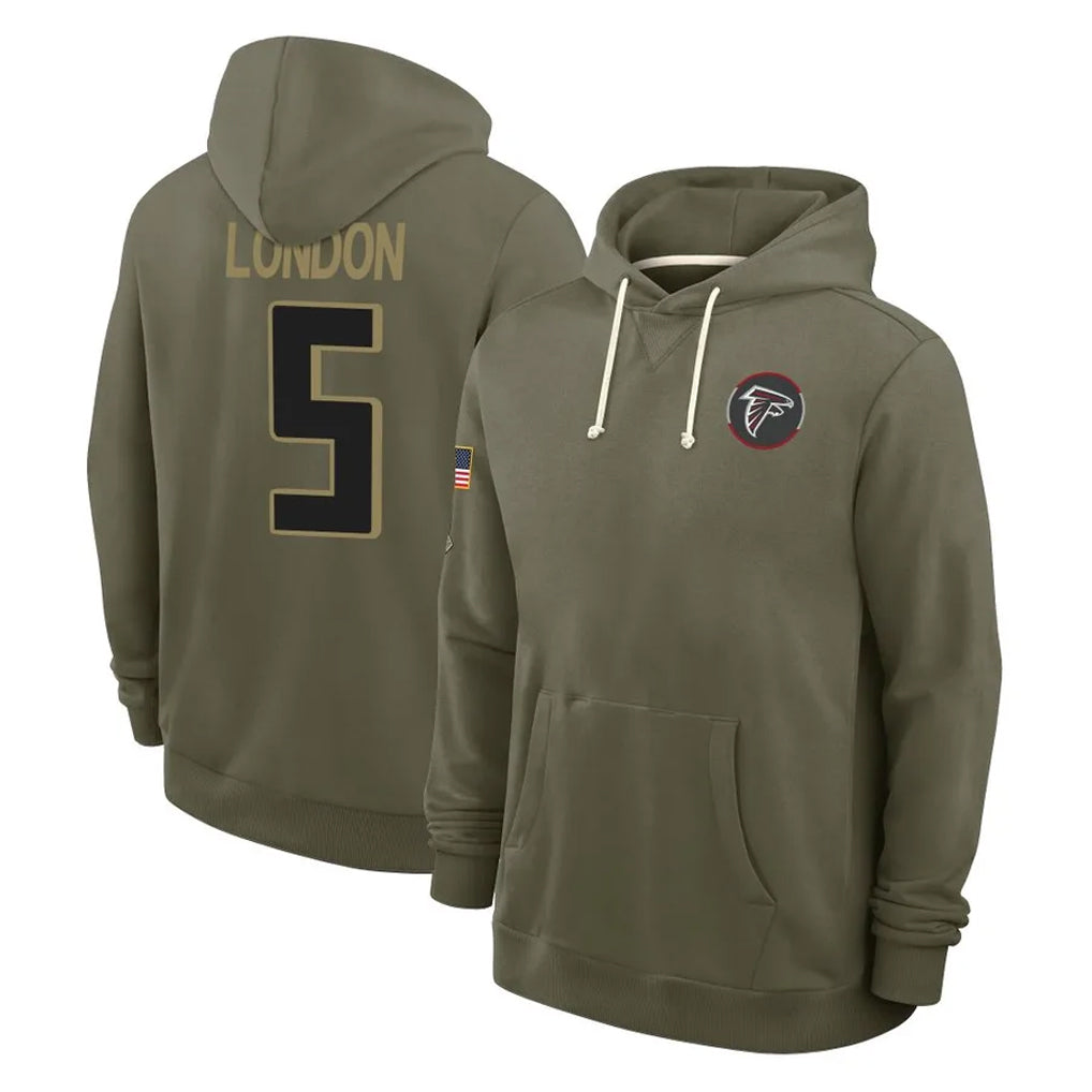 A.Falcons #5 Drake London Player Olive 2025 Salute to Service Hoodies BALCE Stitched Jerseys