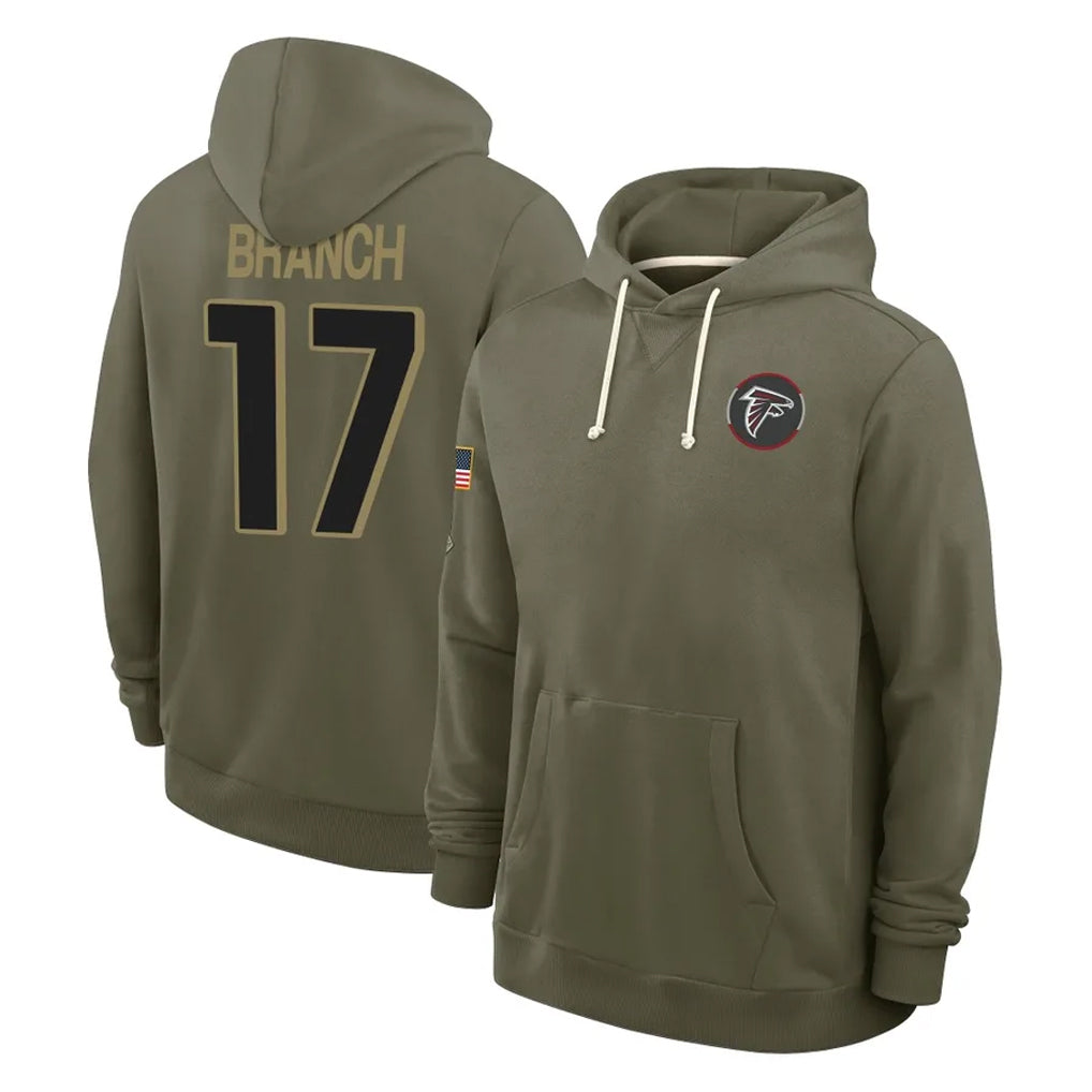 A.Falcons #17 Zachariah Branch Player Olive 2025 Salute to Service Hoodies BALCE Stitched Jerseys