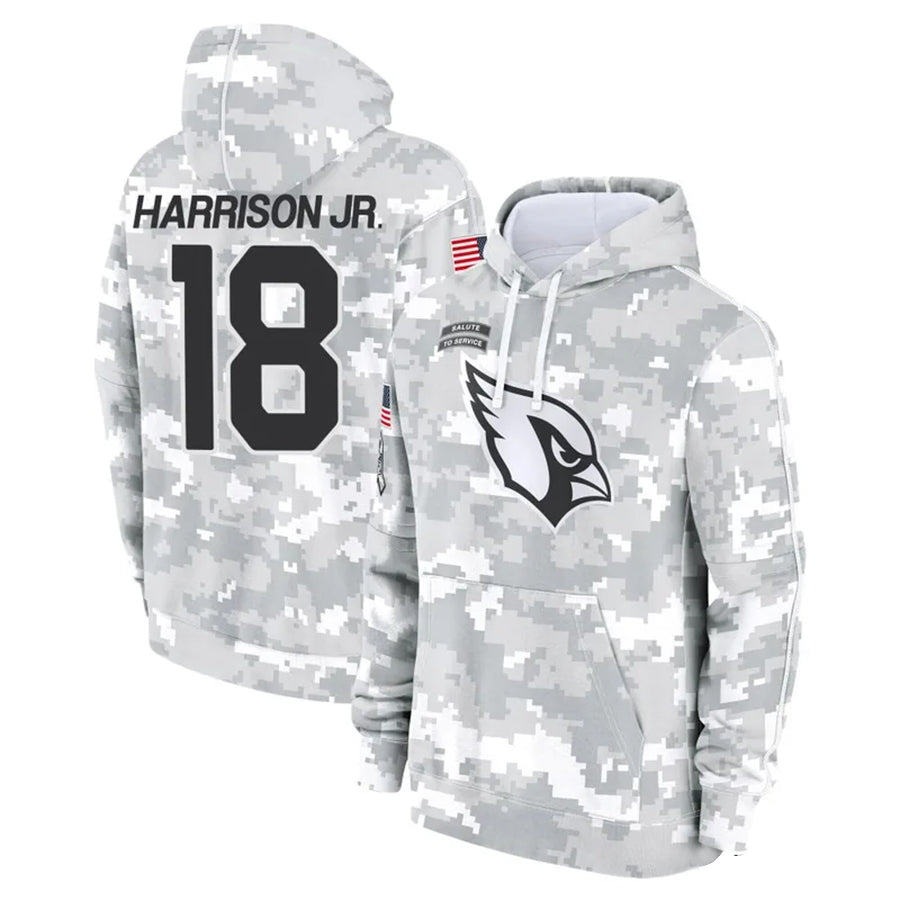 A.Cardinals #18 Marvin Harrison Jr. Player Camo Salute to Service Hoodies BALCE Stitched Jerseys