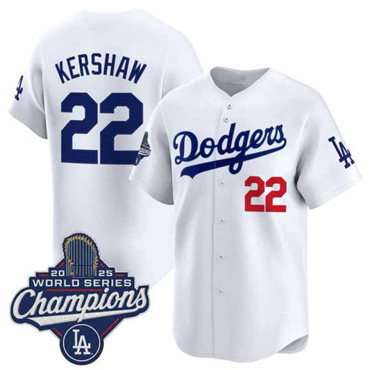 Los Angeles Dodgers #22 Clayton Kershaw White 2025 Champions Stitched Baseball Jersey