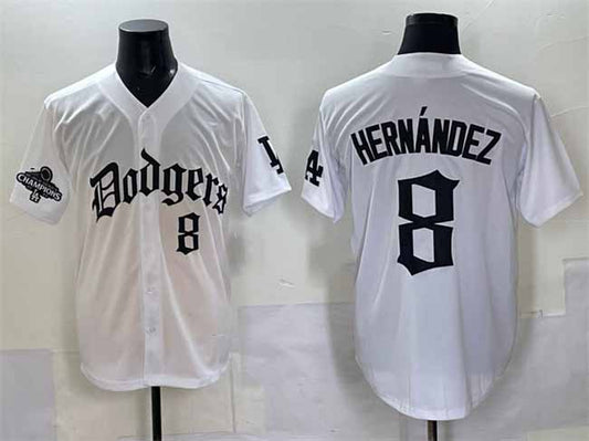 Los Angeles Dodgers #8 Enrique Hernández White 2025 LA Gothic Style With 2024 World Series Champions Patch Vapor Premier Limited Stitched Baseball Jersey