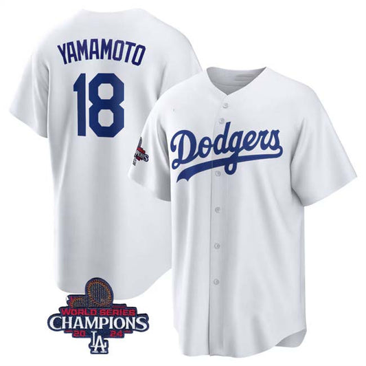 Los Angeles Dodgers #18 Yoshinobu Yamamoto White 2024 World Series Champions Home Stitched Baseball Jersey