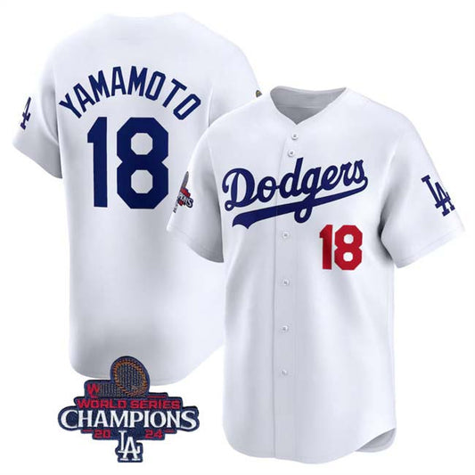 Los Angeles Dodgers #18 Yoshinobu Yamamoto White 2024 World Series Champions Home Limited Stitched Baseball Jersey