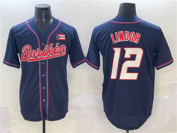Puerto Rico Baseball #12 Francisco Lindor Navy 2023 World Baseball Classic Stitched Jersey