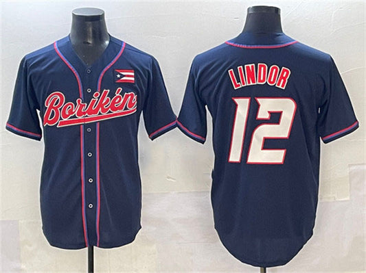 Puerto Rico Baseball #12 Francisco Lindor Navy 2023 World Baseball Classic Stitched Jersey