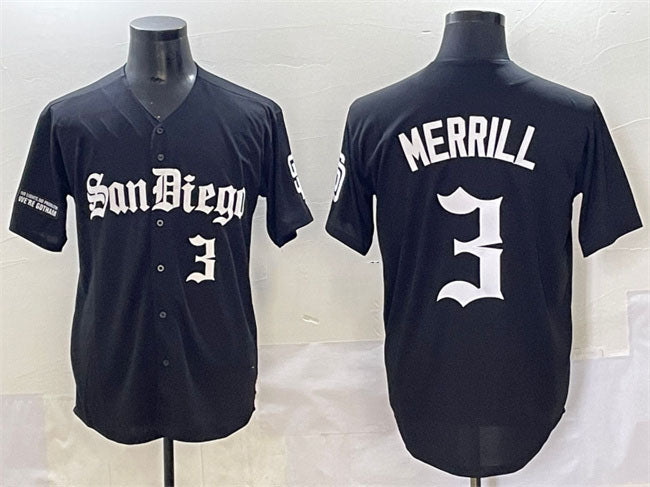 San Diego Padres #3 Jackson Merrill Black Gothic Edition Vapor Limited Stitched Baseball Jersey