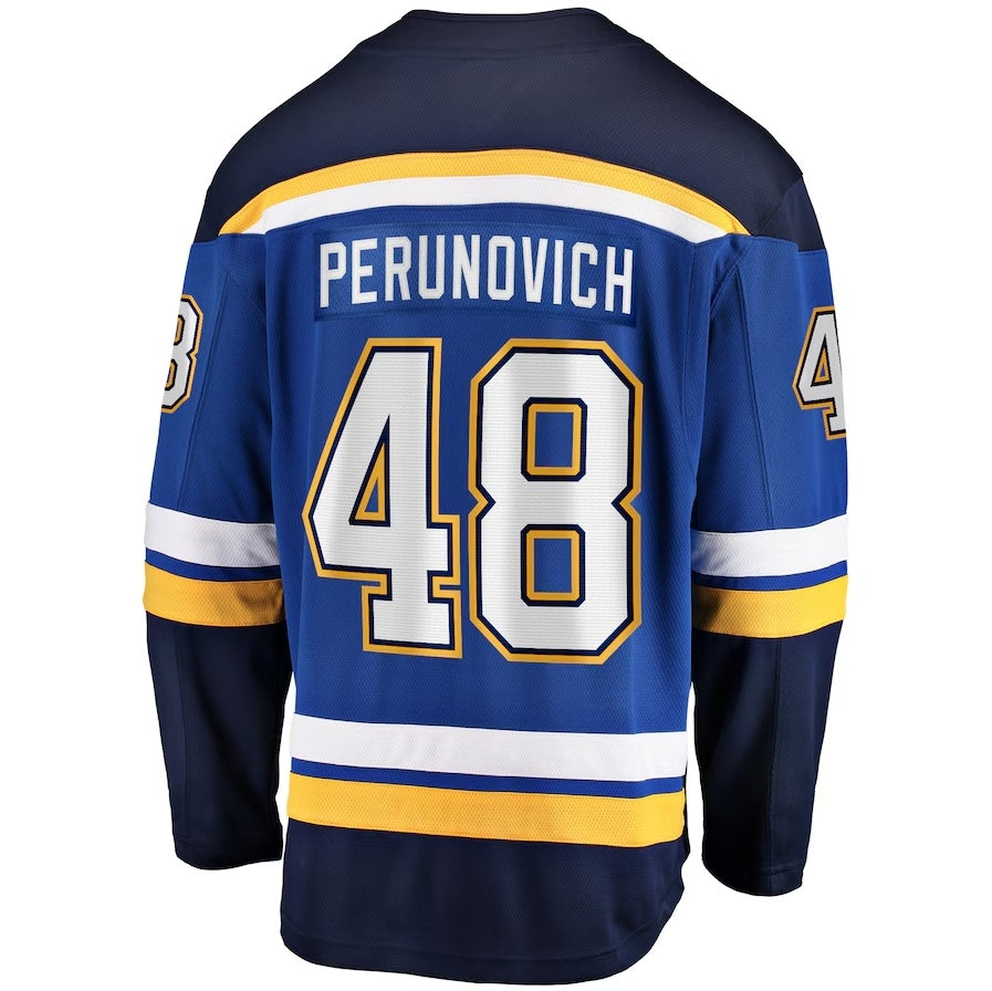 St.L.Blues #48 Scott Perunovich Fanatics Home Premier Breakaway Player Jersey - Blue Stitched American Hockey Jerseys