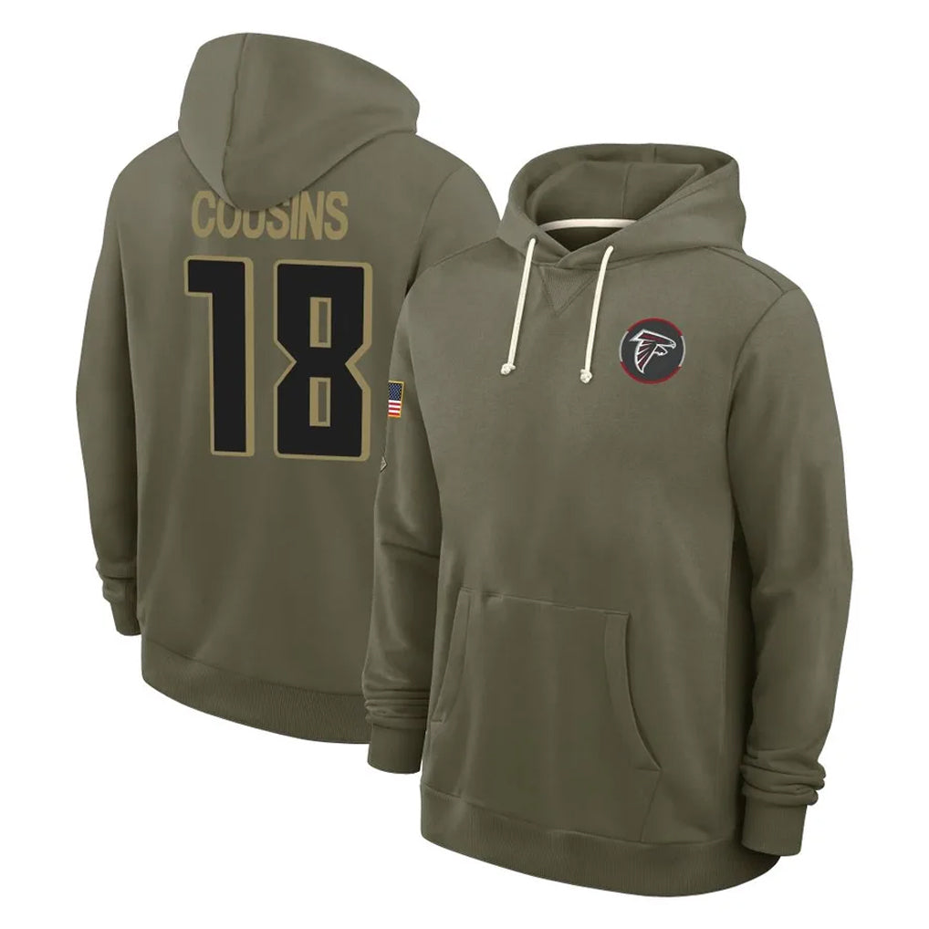 A.Falcons #18 Kirk Cousins Player Olive 2025 Salute to Service Hoodies BALCE Stitched Jerseys