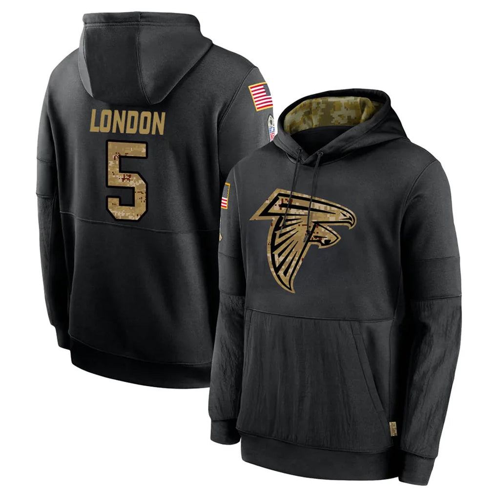 A.Falcons #5 Drake London Player Black Salute to Service Pullover Hoodies BALCE Stitched Jerseys