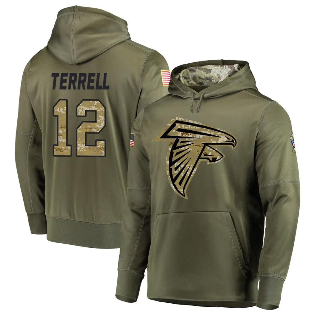 A.Falcons #12 Avieon Terrell Player Olive Salute to Service Club Fleece Hoodie BALCE Stitched Jerseys