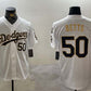 Los angeles dodgers #50 mookie betts white gold 2024 world series with fernando memorial patch limited stitched baseball jersey