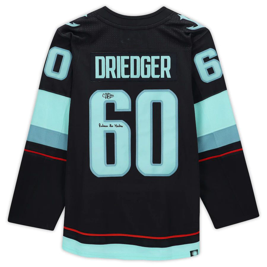 S.Kraken #60 Chris Driedger Fanatics Authentic Autographed with Inaugural Season Jersey Patch with Release the Kraken Inscription  Blue Stitched American Hockey Jerseys
