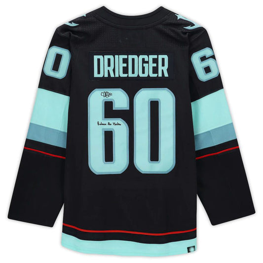 S.Kraken #60 Chris Driedger Fanatics Authentic Autographed with Inaugural Season Jersey Patch with Release the Kraken Inscription  Blue Stitched American Hockey Jerseys