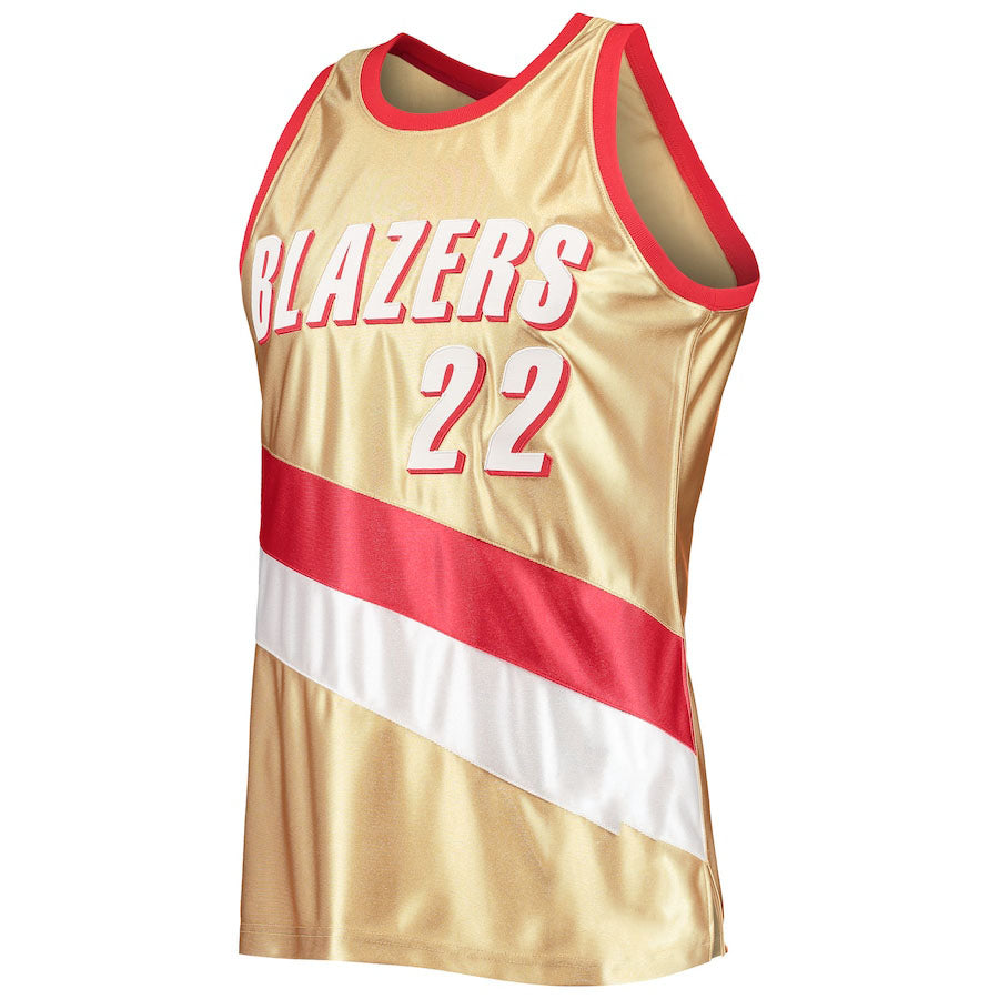 P.Trail Blazers #22 Clyde Drexler Mitchell & Ness 75th Anniversary 1991-92 Hardwood Classics Swingman Jersey Gold Stitched American Basketball Jersey