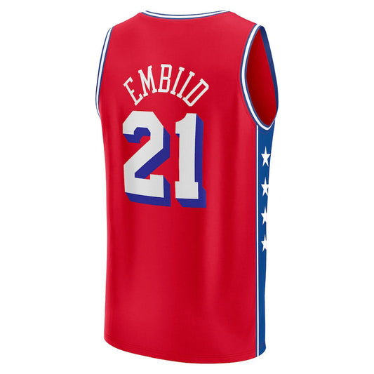 PH.76ers #21 Joel Embiid Fanatics Branded 2022-23 Fast Break Replica Player Jersey Statement Edition  Red Stitched American Basketball Jersey