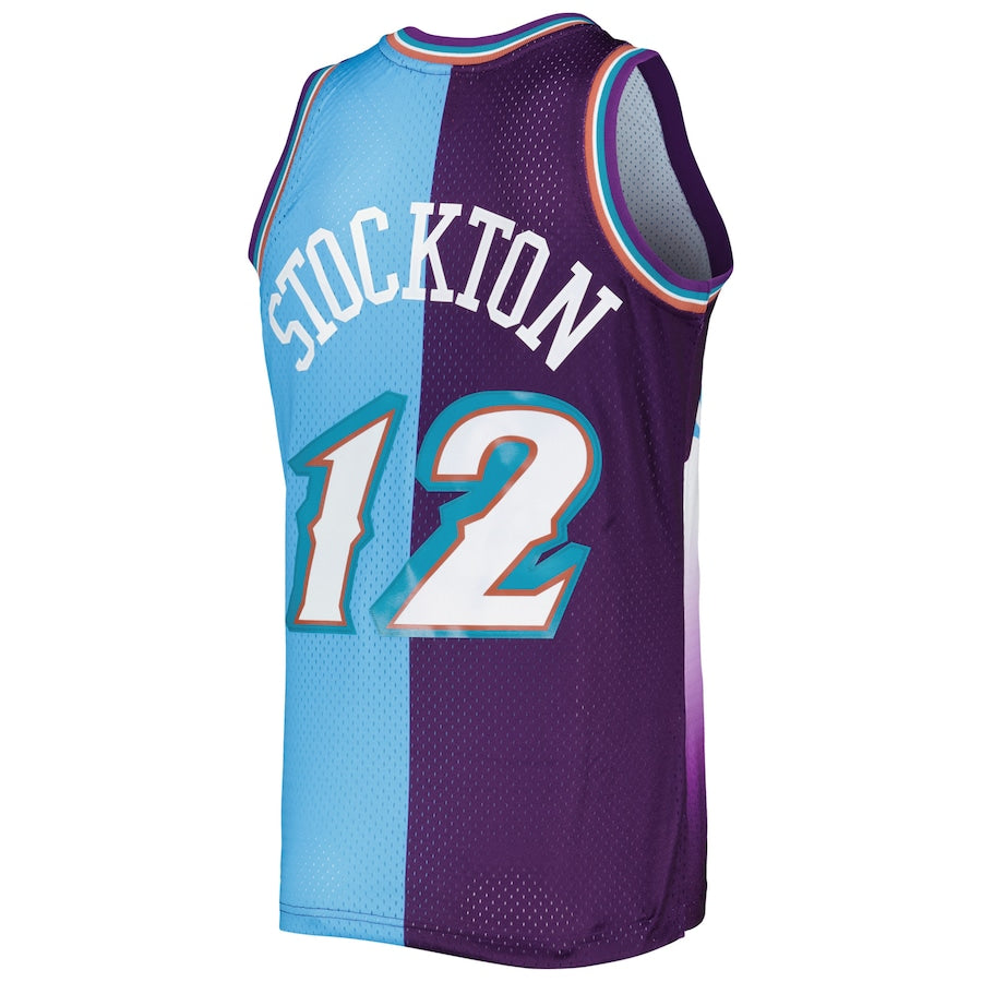 U.Jazz #12 John Stockton Mitchell & Ness Hardwood Classics 1996-97 Split Swingman Jersey Purple-Turquoise Stitched American Basketball Jersey