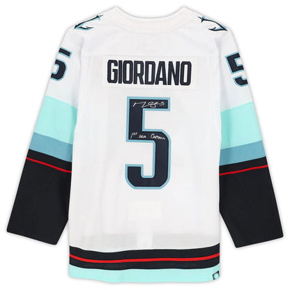 S.Kraken #5 Mark Giordano Fanatics Authentic Autographed White with Inaugural Season Jersey Patch and 1st SEA Captain Inscription Hockey Jerseys