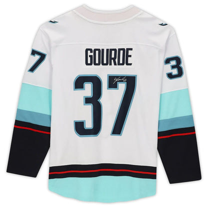 S.Kraken #37 Yanni Gourde Fanatics Authentic Autographed with Inaugural Season Patch White Stitched American Hockey Jerseys